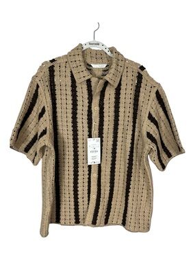 NWT Zara Man Textured Crochet Striped Shirt Size L Beige Brown Open Knit